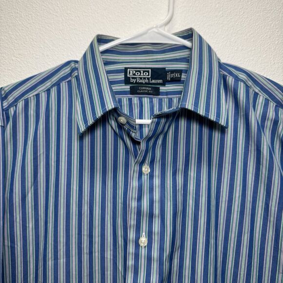 Polo Ralph Lauren Men 17 XL  Curham Dress Shirt Blue Pink Green Strip Preppy Dad - Picture 1 of 5